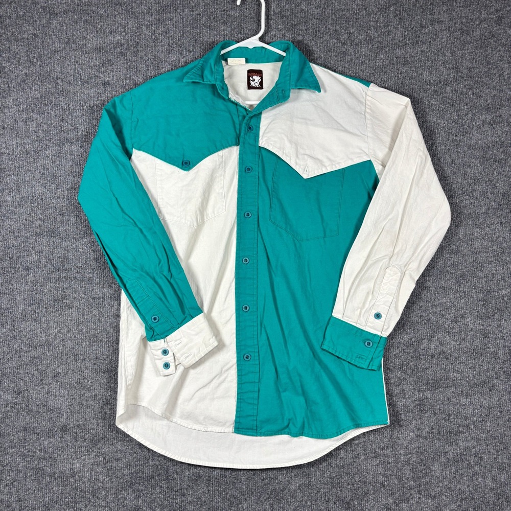 Vintage Karman Western Shirt Mens M Teal White Colorblock Button Up USA 90s